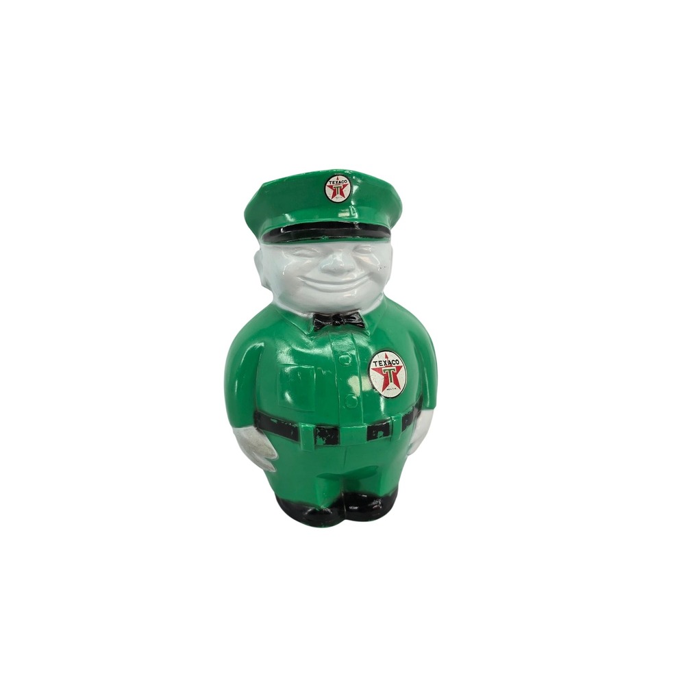 Vintage Texaco Gas Station Attendant Plastic Coin Bank Green Uniform Made in USA